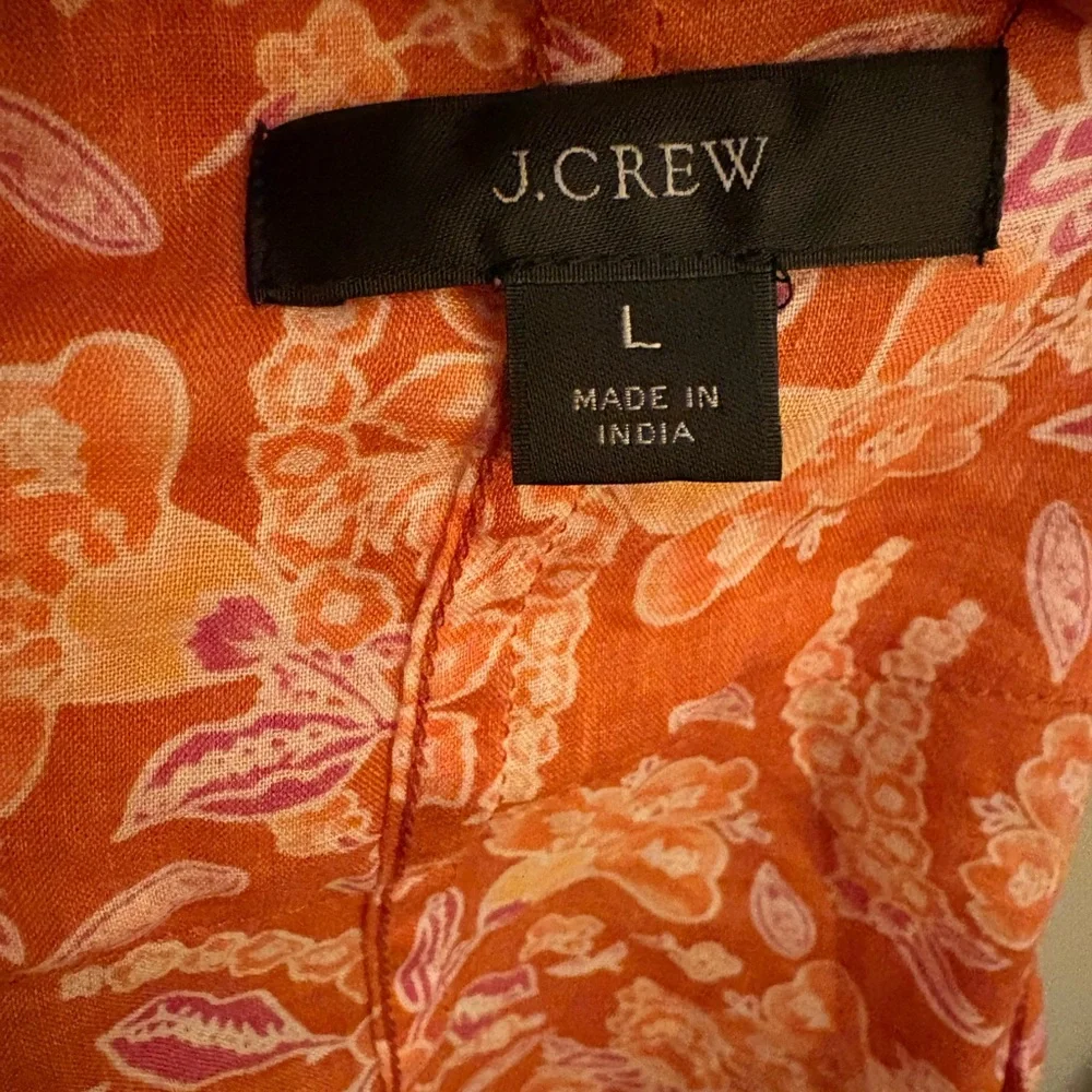 J.Crew Orange Floral Ramie Blouse Long Sleeve V-Neck Popover Top Women’s Size L